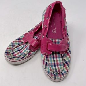 Sperry Pink Blue Green Plaid Velcro Shoes Girl’s Size 11